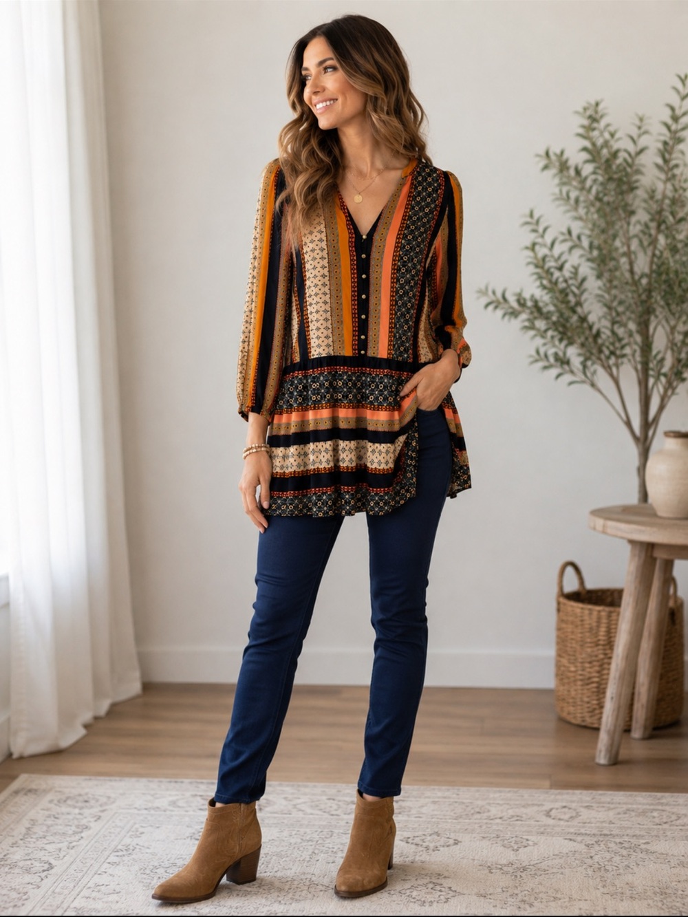 LOFT Boho Tiered Print Long Sleeve Top Size Small